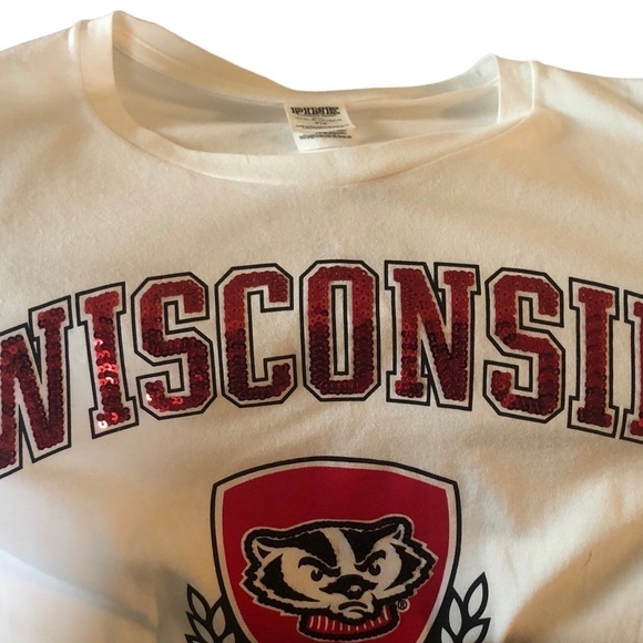 Pink VS Collegiate Collection WISCONSIN BADGERS White Crew Neck Tee Sz. M BLING - Picture 3 of 8